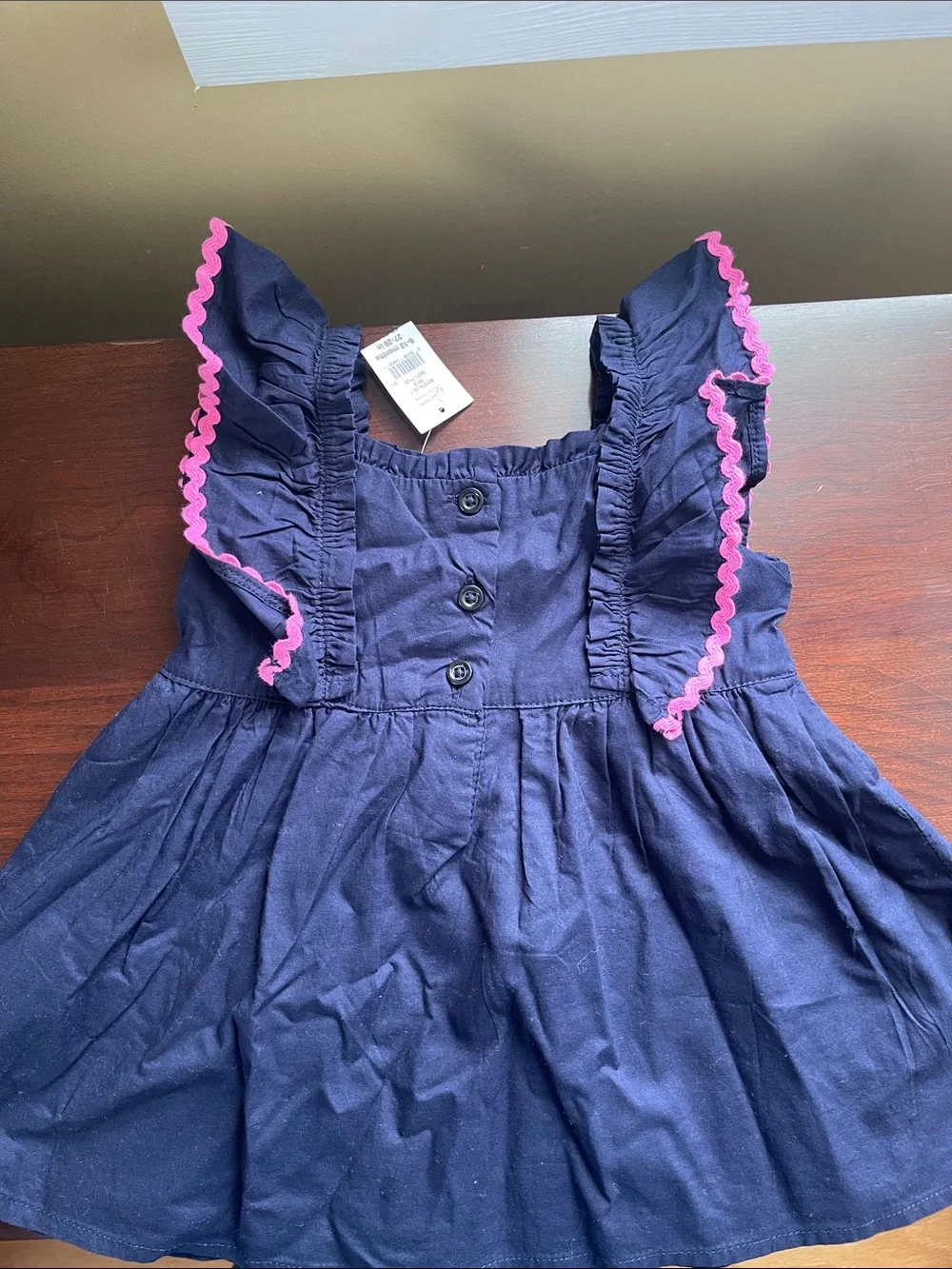 Navy Girls Embroidered Flutter Dress with Pink Trim 6-12 months
